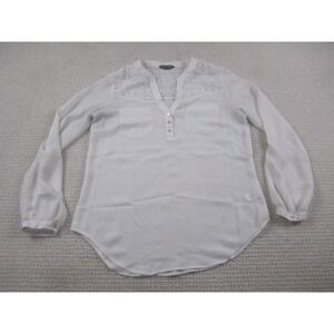 Express Shirt Womens Medium White Lace Yoke Long Sleeve Henley Blouse Top‎
